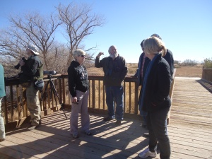 Tom explains to fellow birdwatchers about the daily migration of the cranes from the cornfield--their feeding place--to Whitewater Draw--their loafing area. 